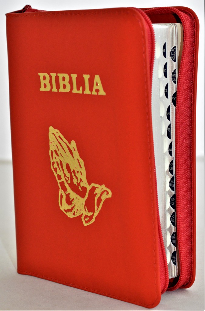 Biblia format mic, din piele, culoare rosie, index, fermoar, margini argintii, simbolul maini in ruga, cuv. lui Isus in rosu [047 PFI]