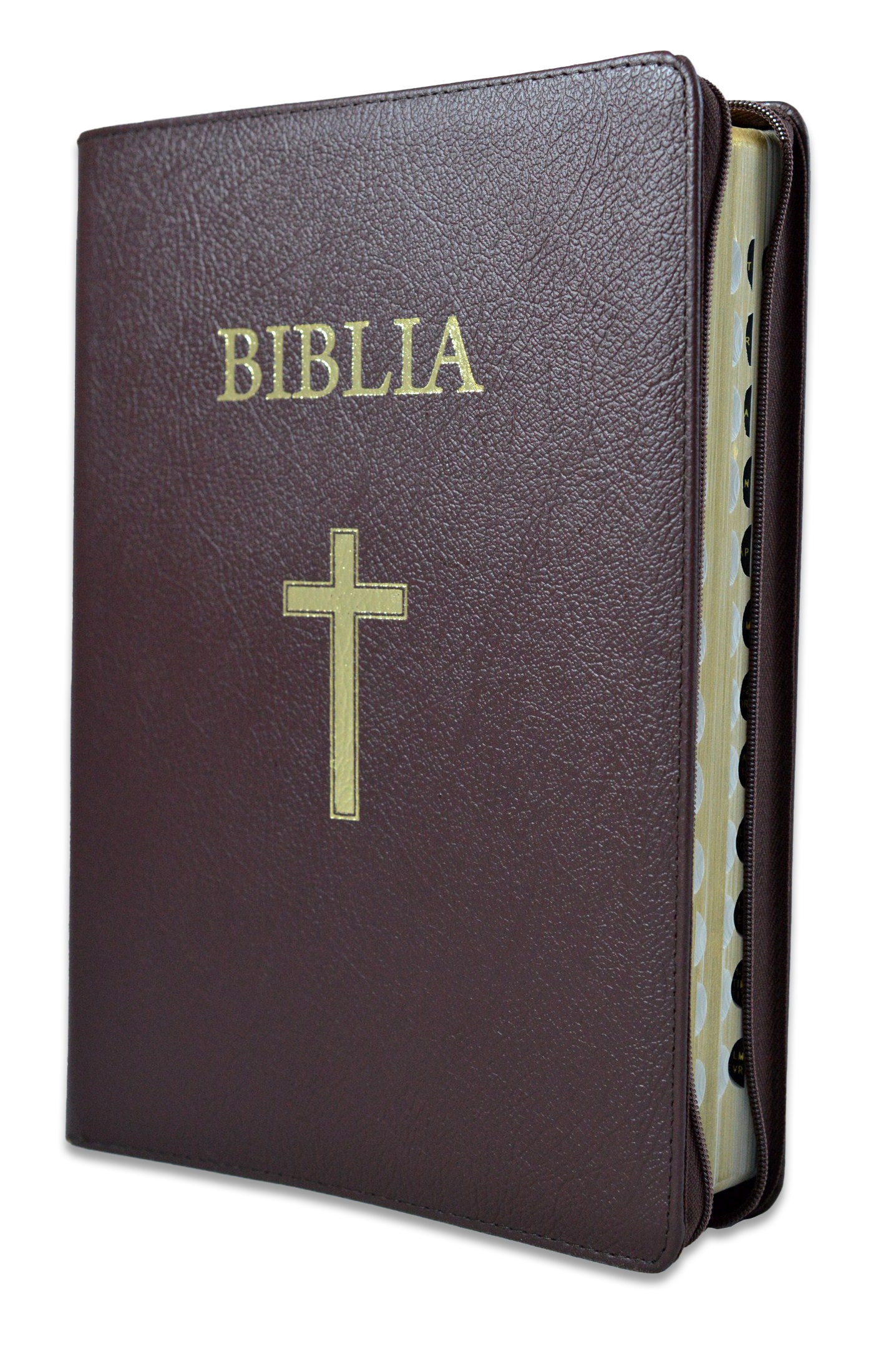 Biblia marime mare, piele, visinie, index lateral, aurita, fermoar, cu cruce [073 PFI]
