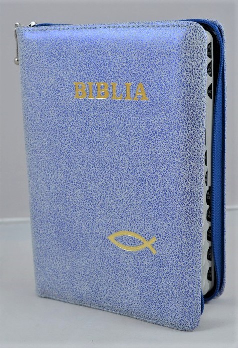 Biblie din piele, marime medie, culoare albastru metalizat cu alb cu peste, fermoar, index, margini argintii, cuv. lui Isus cu rosu [SB 057 PFI]