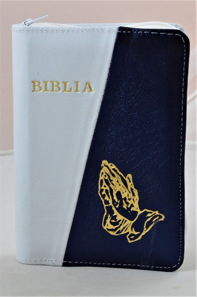 Biblie din piele, mica, alb/bleumaren sidefat, fermoar, margini albe, simbolul maini in ruga, cuv. lui Isus in rosu [043 PF]