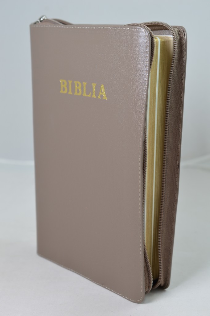 Biblia mare, din piele, culoare kaki, fermoar, margini aurii, simbol - simpla, cuv. lui Isus in rosu [ SB 073 PFR]