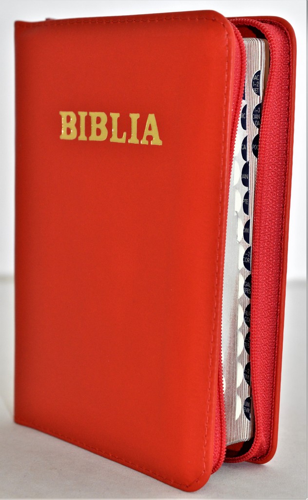 Biblia format mic, din piele, culoare rosie, index, fermoar, margini argintii, cuv. lui Isus in rosu [047 PFI]