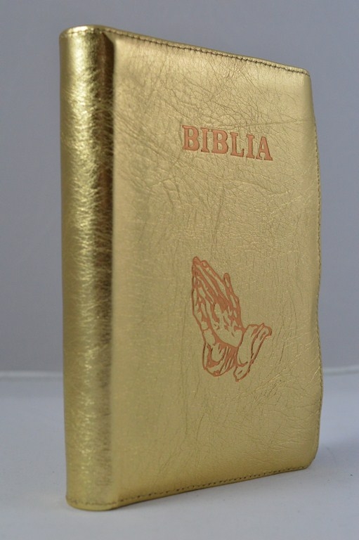 Biblie din piele, marime medie, auriu sidefat, simbol maini in rugaciune, fermoar, index, margini aurii, cuv. lui Isus cu rosu [SB 057 PFI]