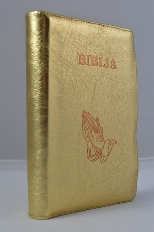 Biblia din piele, marime medie, auriu deschis cu maini, fermoar, cuv. lui Isus cu rosu [053]