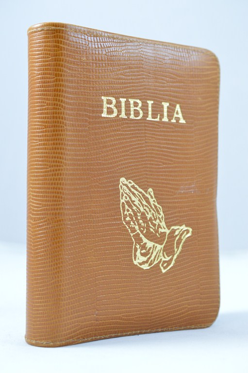 Biblia format mic, din piele, culoare portocalie, index, fermoar, margini aurii, simbol - maini in ruga, cuv. lui Isus in rosu [047 PFI]
