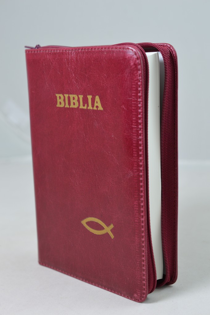 Biblia din piele, marime medie, visinie, fermoar, cu peste, cuv. lui Isus cu rosu [053]