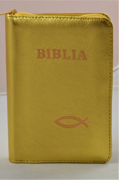 Biblie din piele, mica, galben sidefat, fermoar, margini albe, simbolul peste, cuv. lui Isus in rosu [043 PF]