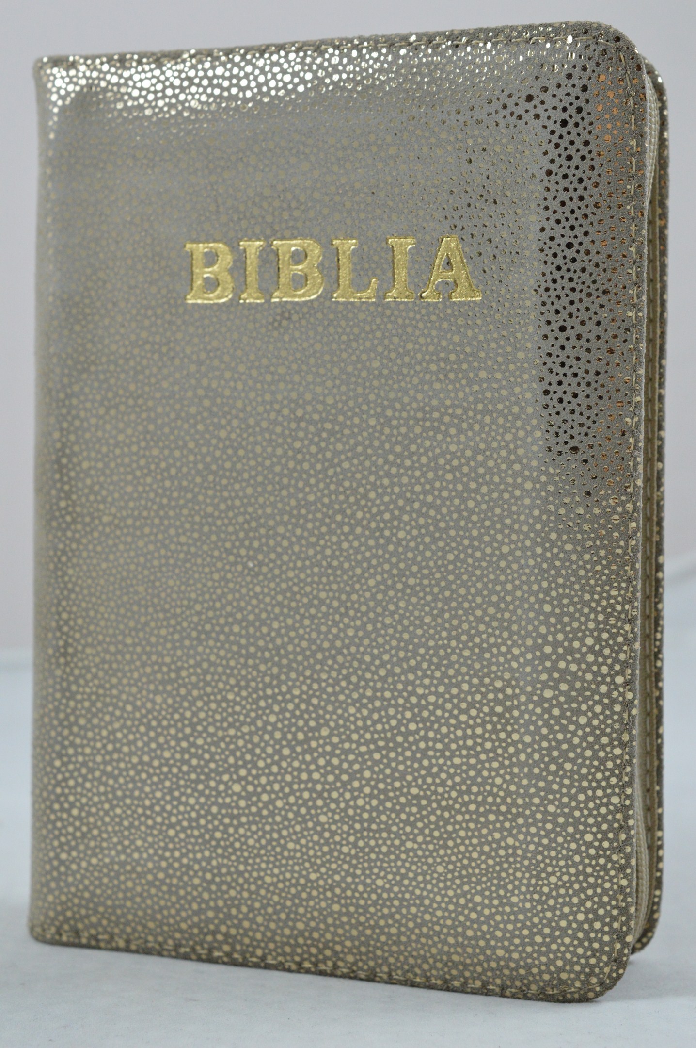 Biblie din piele, dimensiune mica, crem cu imprimeu auriu, fermoar, simbol simpla, cuv. lui Isus in rosu [043 A]