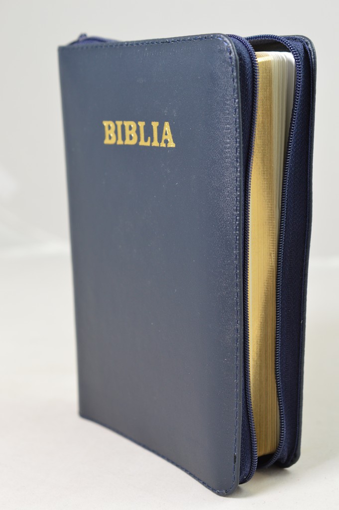Biblia din piele, medie,bleumarin, fermoar, aurita, cuv. lui Isus cu rosu [052]