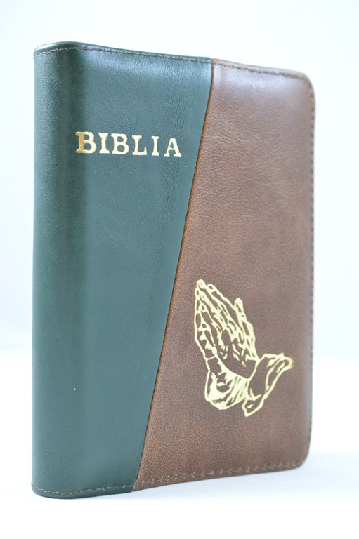 Biblia format mic, din piele, culoare verde / maro, index, fermoar, margini aurii, simbol - maini in ruga, cuv. lui Isus in rosu [047 PFI]