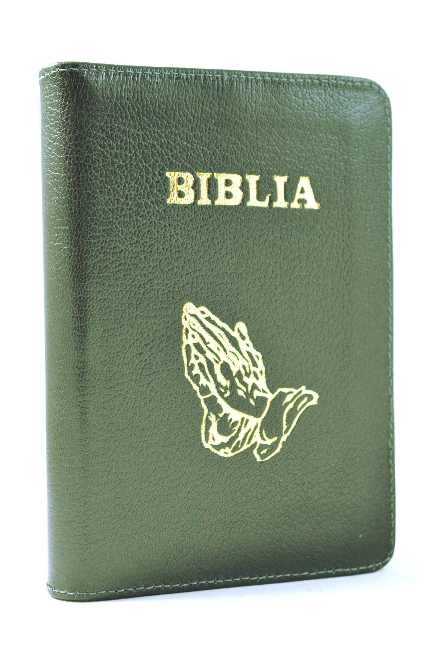 Biblie marime mica, din piele, culoare oliv inchis, fermoar, simbol maini [043 PF]