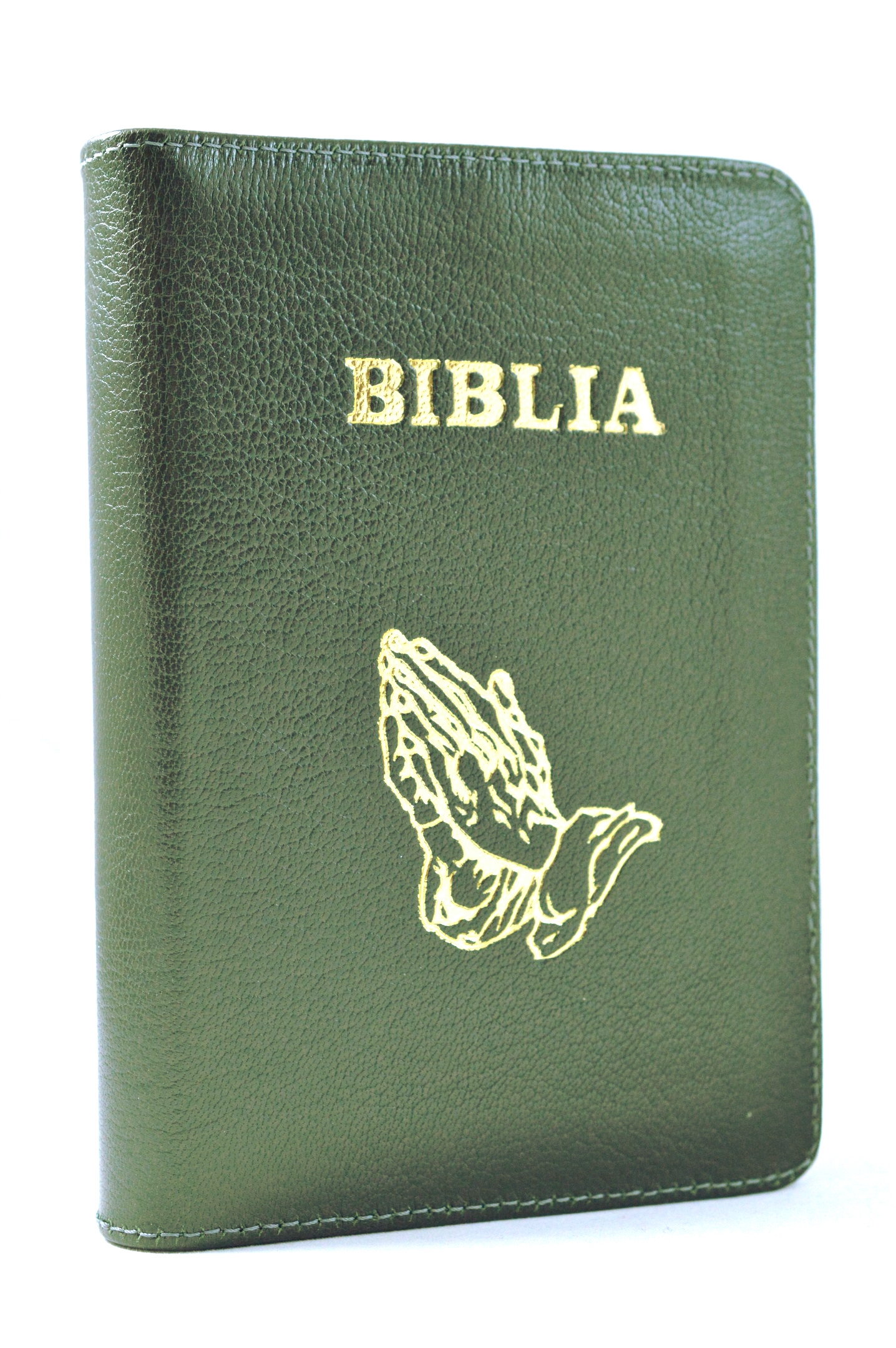 Biblia mica, coperta piele, verde oliv, index, fermoar, margini aurii, simbolul maini, cuv. lui Isus in rosu [047 PFI]