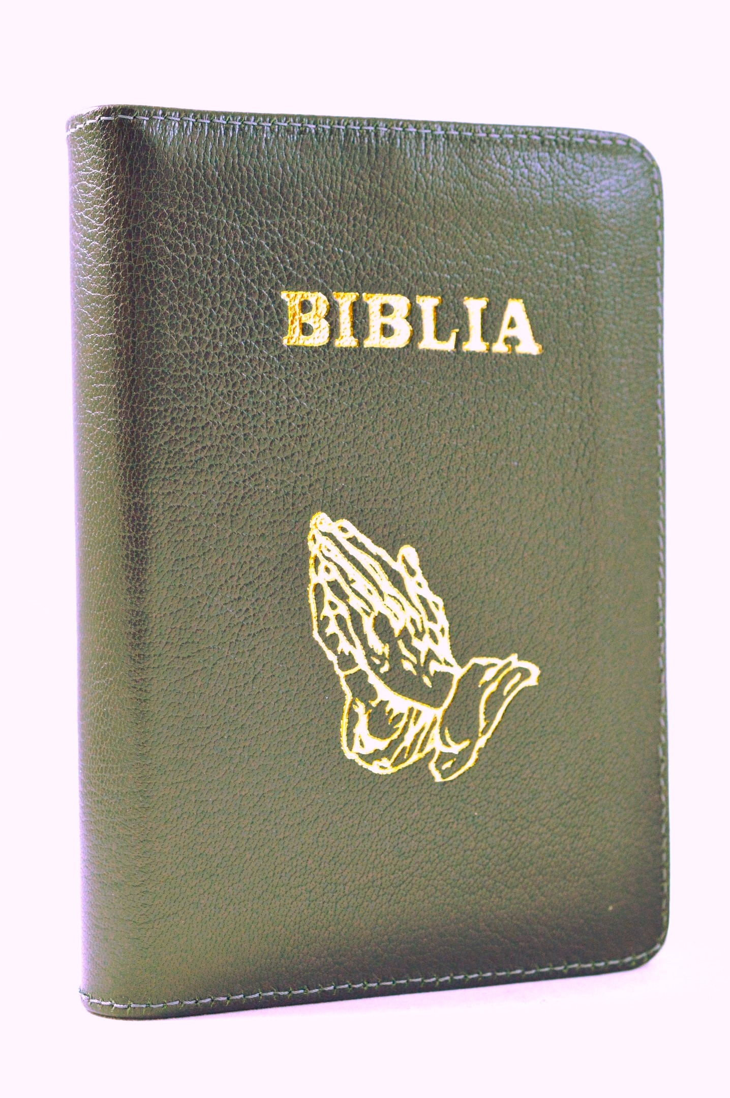 Biblia mica, coperta piele, kaki, index, fermoar, margini aurii, simbolul maini, cuv. lui Isus in rosu [047 PFI]