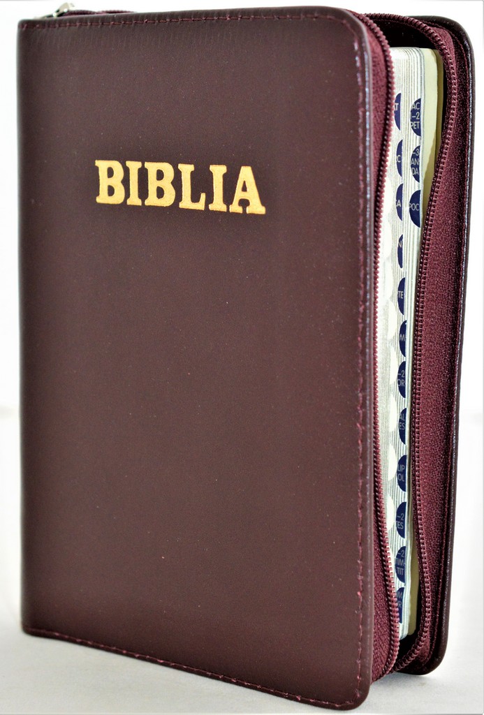 Biblia format mic, din piele, culoare bordo inchis, index, fermoar, margini argintii, cuv. lui Isus in rosu [047 PFI]