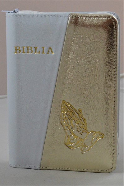 Biblie din piele, mica, alb/auriu , fermoar, margini albe, simbolul maini in ruga, cuv. lui Isus in rosu [043 PF]