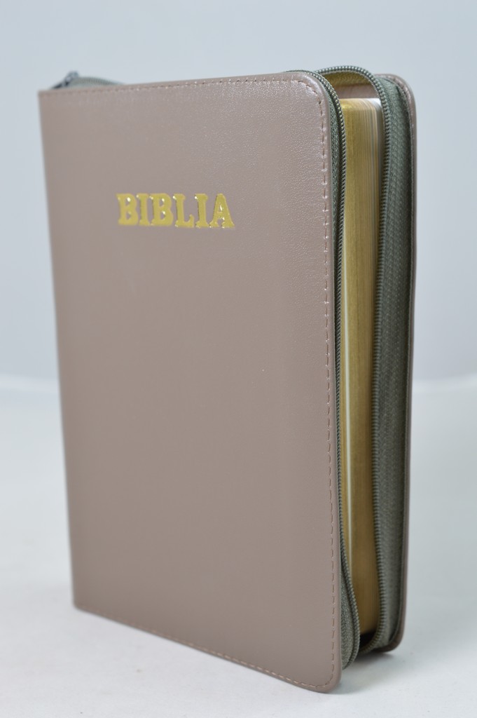 Biblia din piele, medie, kaki, fermoar, aurita, cuv. lui Isus cu rosu [052]