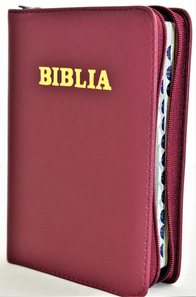 Biblia format mic, din piele, culoare visinie, index, fermoar, margini argintii, cuv. lui Isus in rosu [047 PFI]