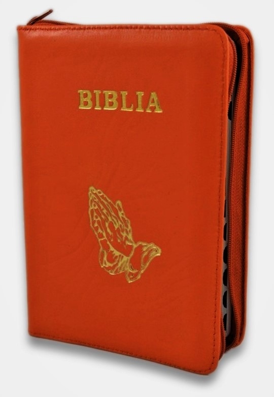 Biblia format mic, din piele, culoare portocaliu, index, fermoar, margini aurii, simbol maini, cuv. lui Isus in rosu [047 PFI]
