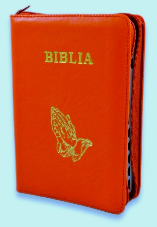 Biblie din piele, marime medie,culoare portocaliu, fermoar, index,simbol maini in ruga margini argintii, cuv. lui Isus cu rosu [SB 057 PFI]
