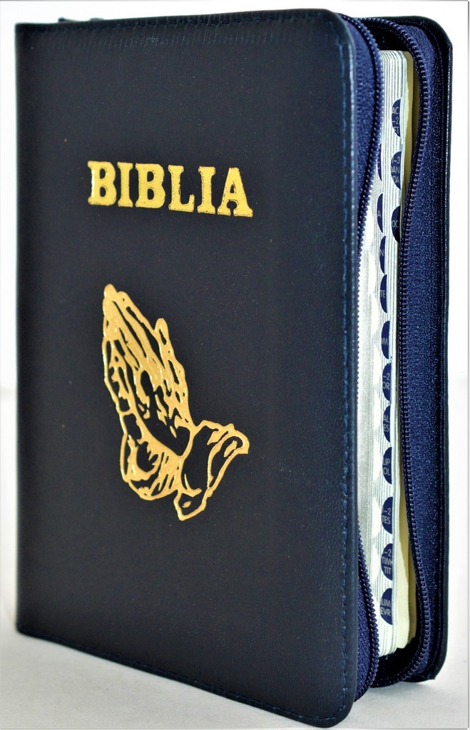 Biblia mica, coperta piele, bleumarin sidefat, index, fermoar, margini aurii,  simbolul maini, cuv. lui Isus in rosu [047 PFI]