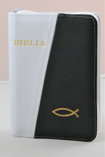 Biblie din piele, mica, alb/verde inchis, fermoar, margini albe, simbolul peste, cuv. lui Isus in rosu [043 PF]