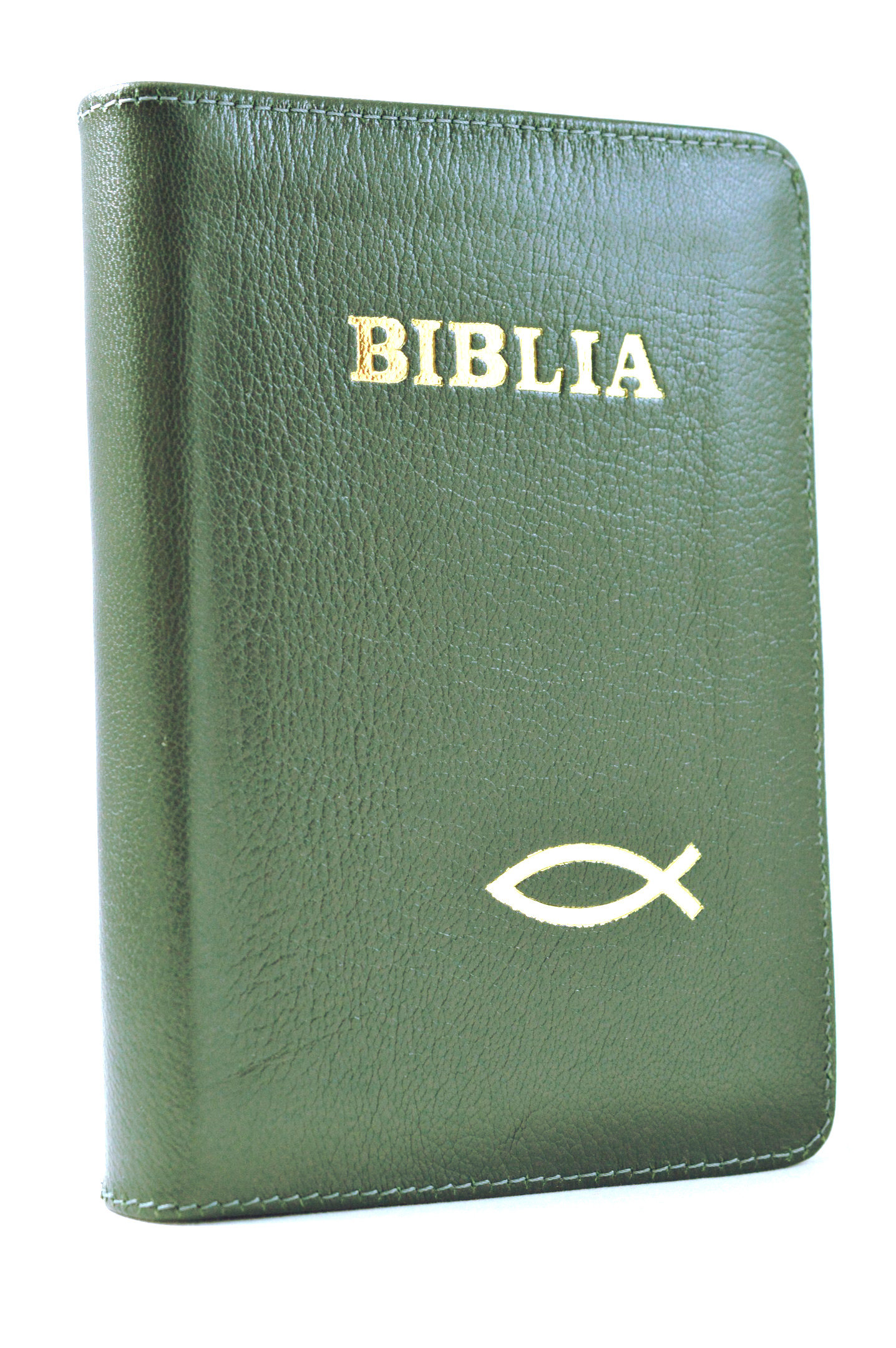 Biblie marime mica, din piele, culoare oliv inchis, fermoar, simbol peste [043 PF]