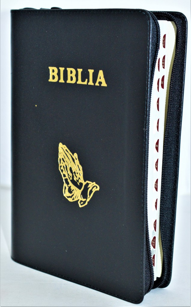 Biblie mare, piele, negru, fermoar, index, margini argintii, simbol maini in ruga, cuv. Isus cu rosu [SI 073 PFI]