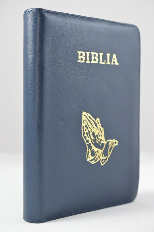 Biblia din piele, marime medie, albastru indigo, fermoar, margini aurii, cu maini gravate, cuv. lui Isus cu rosu [052]
