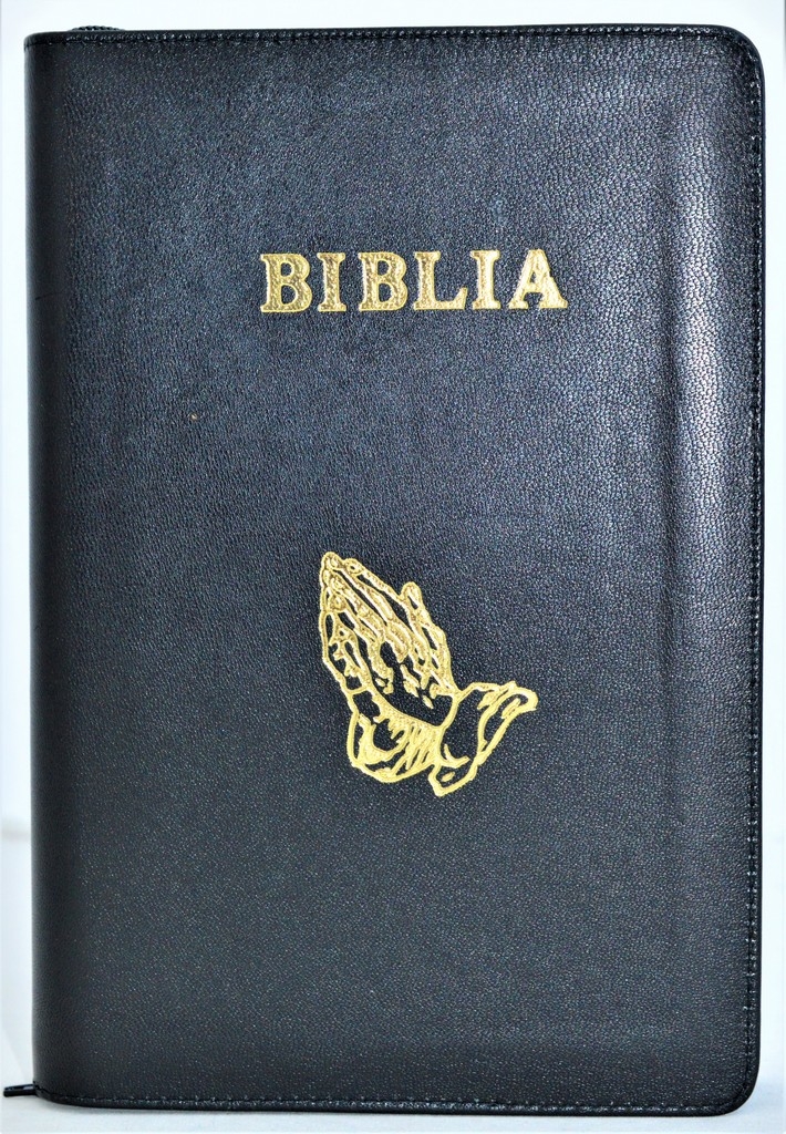 Biblia marime medie, din piele, neagra, fermoar, index, margini aurii, simbol mâini în rugăciune. [063 PFI]