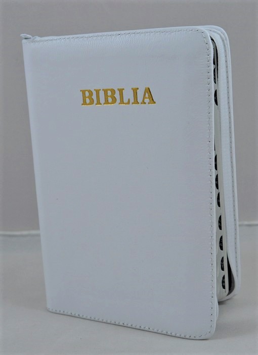 Biblie din piele, marime medie, culoare alb, simpla, fermoar, index, margini argintii, cuv. lui Isus cu rosu [SB 057 PFI]