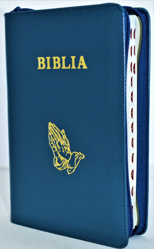 Biblie mare, piele, albastră, fermoar, index, margini argintii, simbol maini in ruga, cuv. Isus cu rosu [SI 073 PFI]
