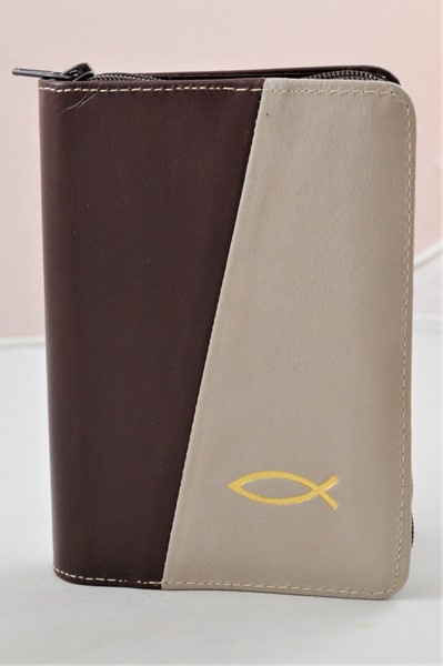 Biblie din piele, mica, visiniu/bej, fermoar, margini albe, simbolul peste, cuv. lui Isus in rosu [043 PF]