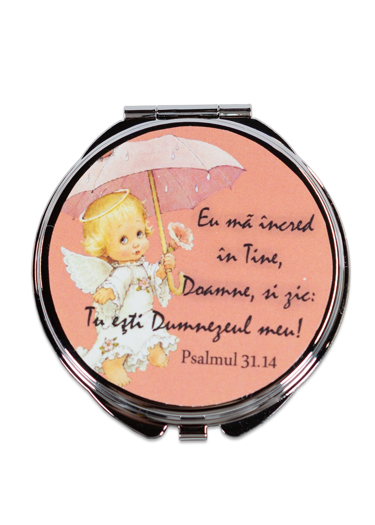 Oglinda de poseta - Eu ma incred in Tine, Doamne si zic : Tu esti Dumnezeul meu!  ( cu husa ) Oglinda de poseta - Eu ma incred in Tine, Doamne si zic : Tu esti Dumnezeul meu!  ( cu husa )