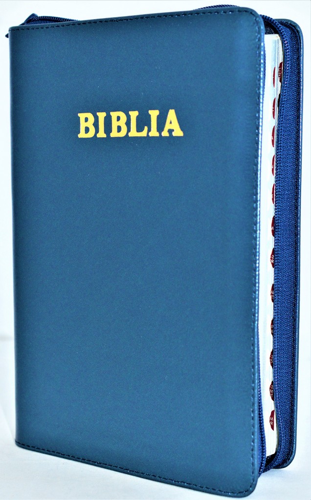 Biblie mare, piele, culoare bleumarin sidefat, fermoar, index, margini argintii, simbol simpla, cuv. Isus cu rosu [SI 073 PFI]