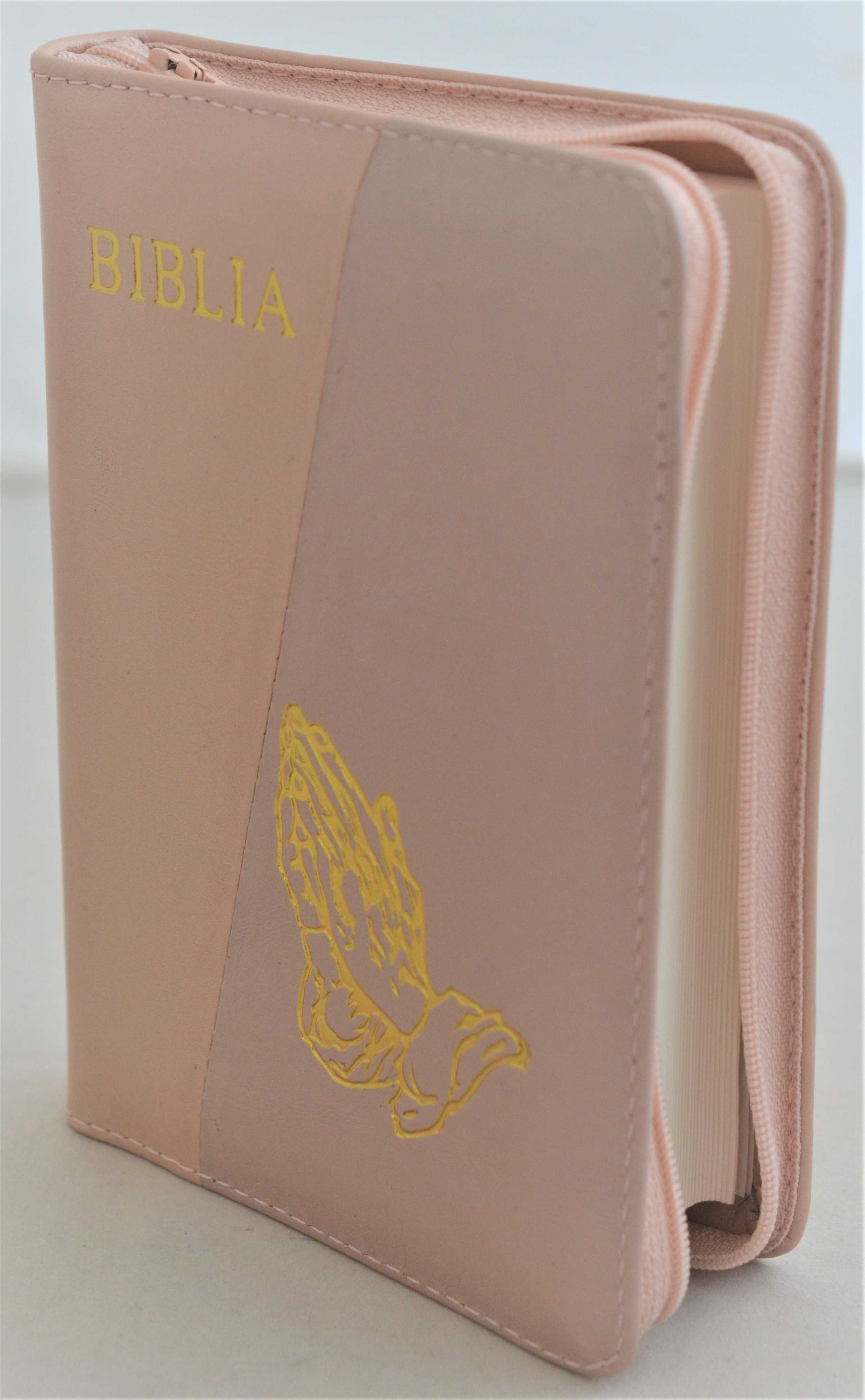 Biblie din piele, mica, culoare combinatie crem, fermoar, margini albe, simbolul maini in ruga, cuv. lui Isus in rosu [043 PF]