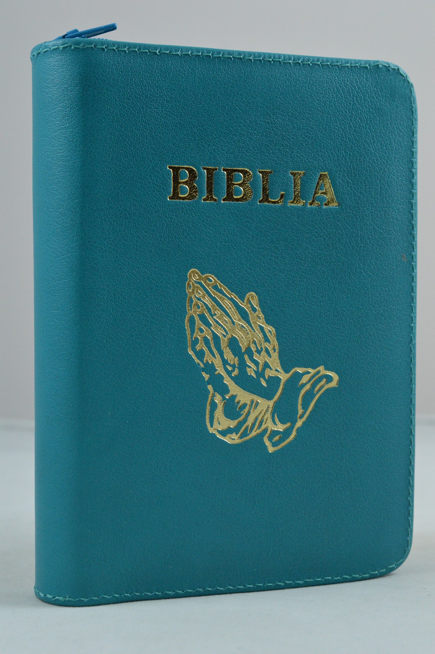 Biblie din piele, mica,turcoaz cu maini, fermoar, aurita, cuv. lui Isus in rosu [043 A]