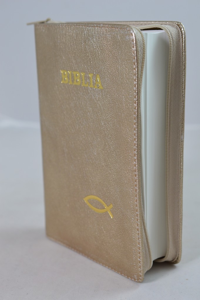 Biblia din piele, marime medie, culoare aurie, fermoar, simbol peste, cuv. lui Isus cu rosu [053]