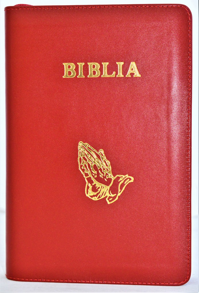 Biblie mare, piele, rosie, fermoar, index, margini aurii, simbol maini in ruga, cuv. Isus cu rosu [SI 073 PFI]