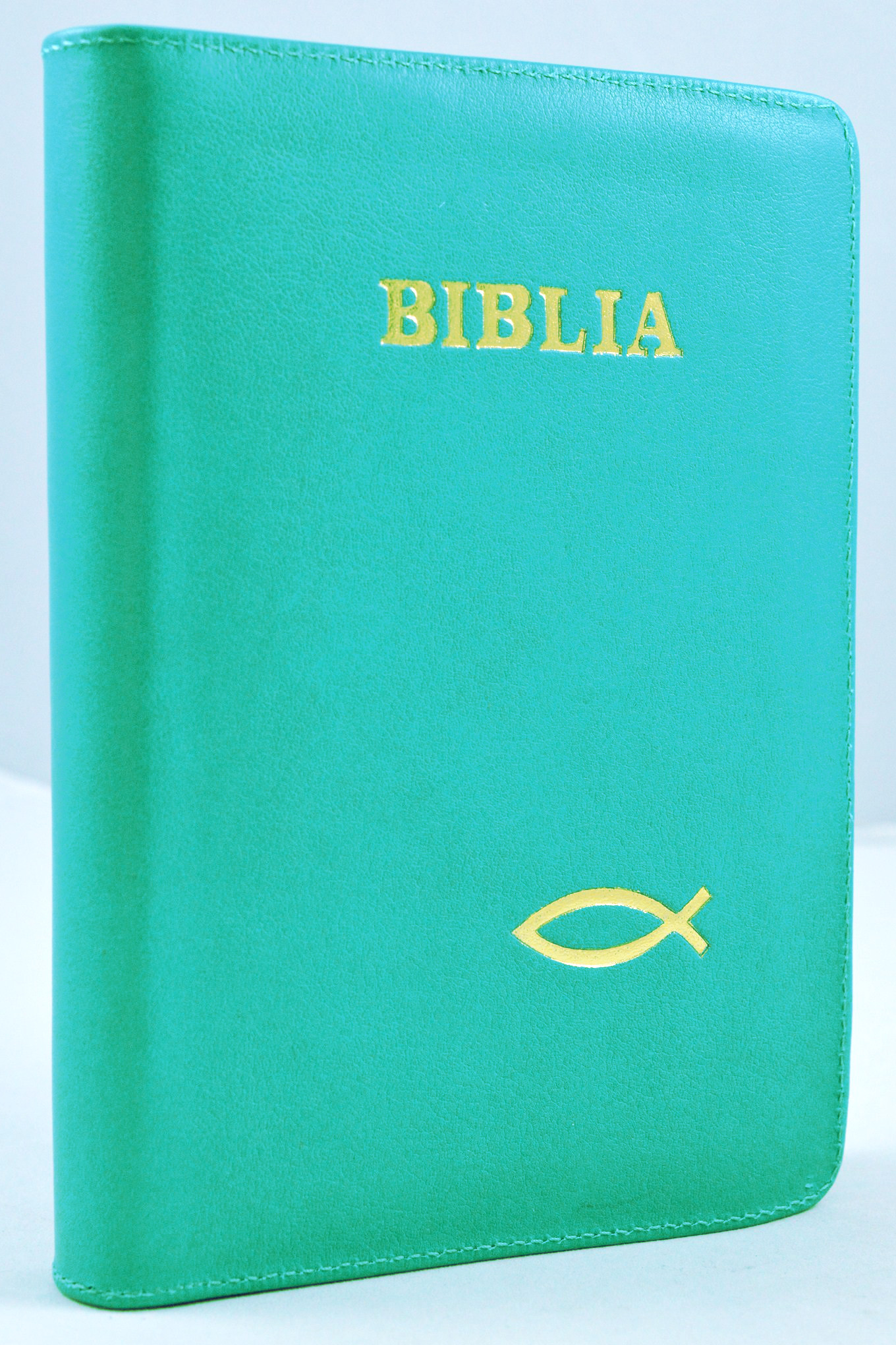 Biblia de piele, marime medie, turcoaz, margini aurii, simbol peste, cuv. lui Isus cu rosu [052]
