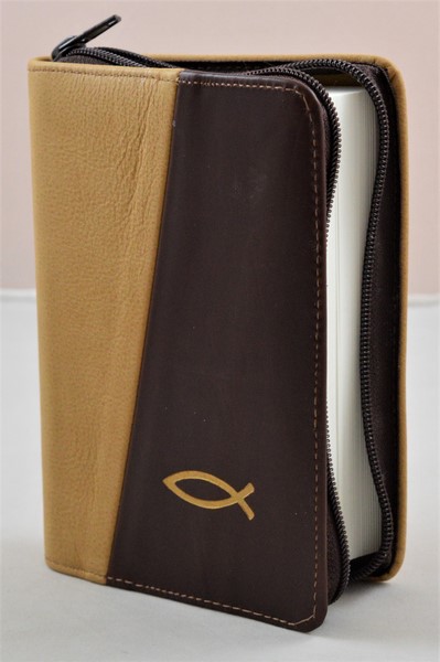 Biblie din piele, mica, bej/visiniu inchis, fermoar, margini albe, simbolul peste, cuv. lui Isus in rosu [043 PF]