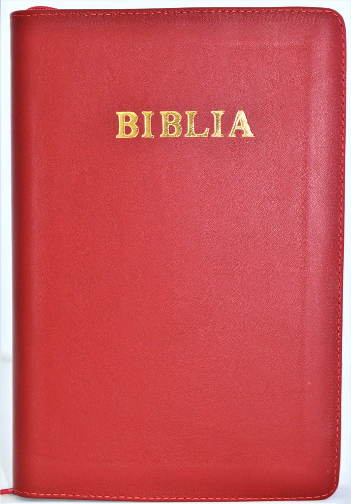 Biblie mare, piele, culoare rosie, fermoar, index, margini argintii, simbol simpla, cuv. Isus cu rosu [SI 073 PFI]
