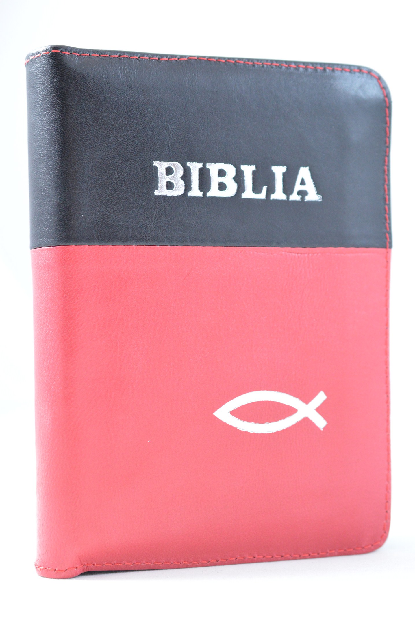 Biblia format mic, din piele, culoare negru - rosu, index, fermoar, margini argintii, simbol peste, cuv. lui Isus in rosu [047 PFI]