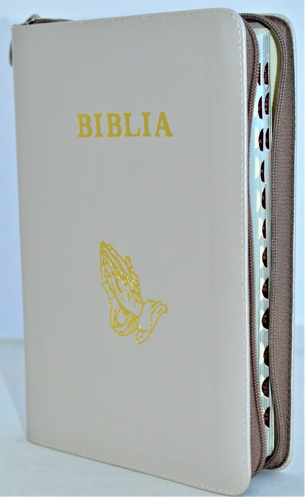 Biblie mare, piele, cappuccino, fermoar, index, margini argintii, simbol maini in ruga, cuv. Isus cu rosu [SI 073 PFI]