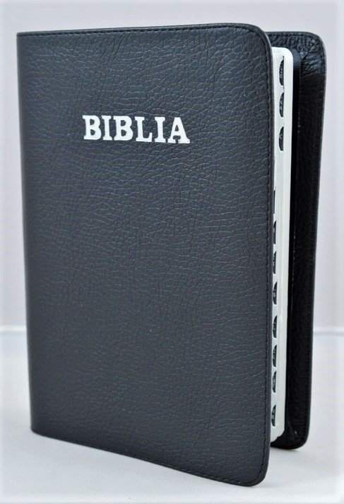 Biblie din piele, marime medie, culoare neagra, index, margini argintii, simbol simpla, cuv. lui Isus cu rosu [SB 057 PI]