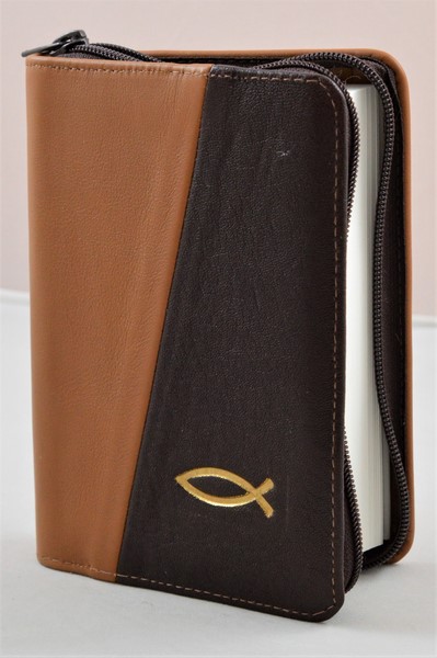 Biblie din piele, mica, maro/maro inchis, fermoar, margini albe, simbolul peste, cuv. lui Isus in rosu [043 PF]