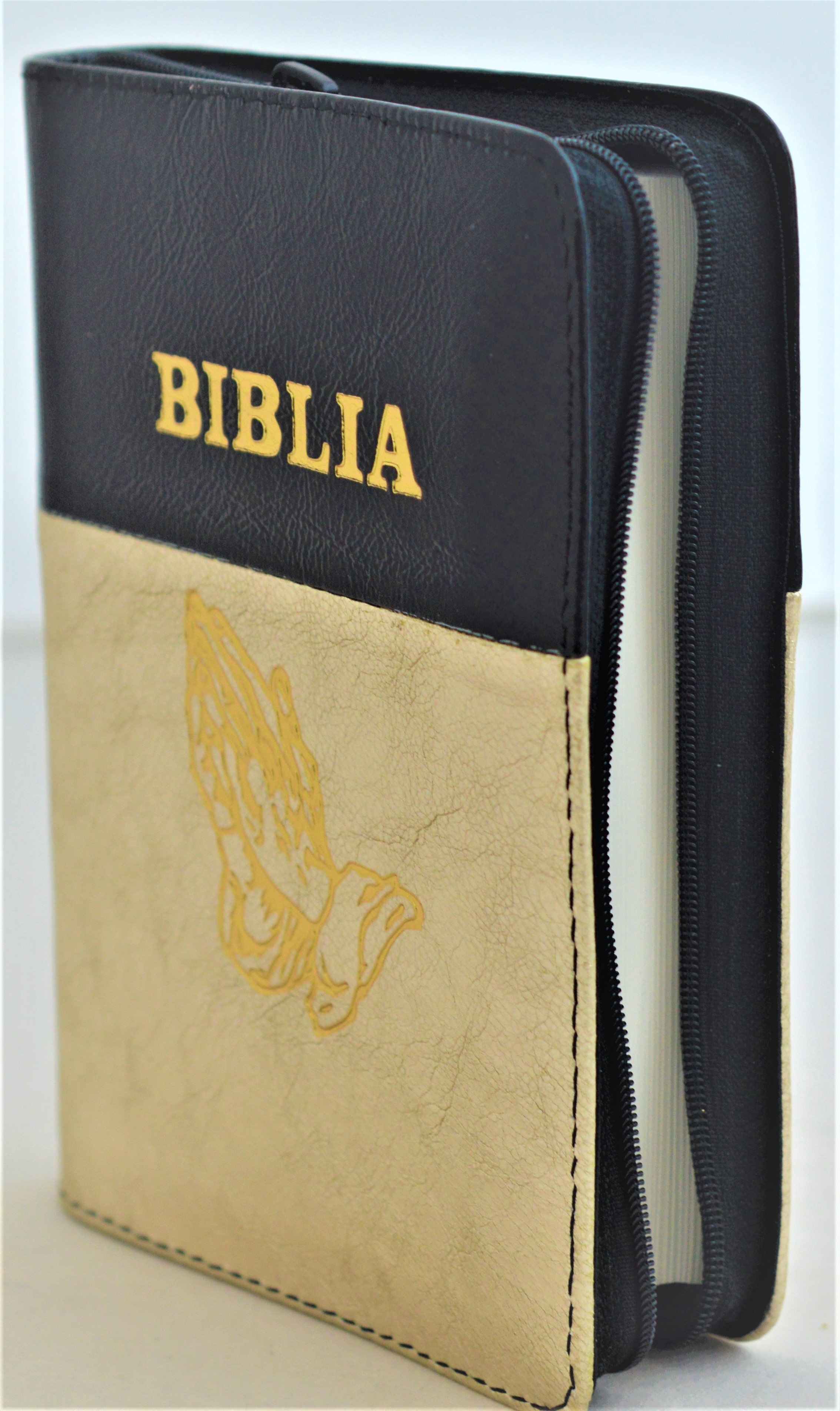 Biblie din piele, mica,negru / auriu sidef, fermoar, margini albe,simbol maini in ruga, cuv. lui Isus in rosu [043 PF]