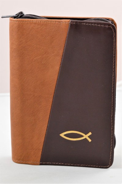 Biblie din piele, mica, maro/visiniu inchis, fermoar, margini albe, simbolul peste, cuv. lui Isus in rosu [043 PF]