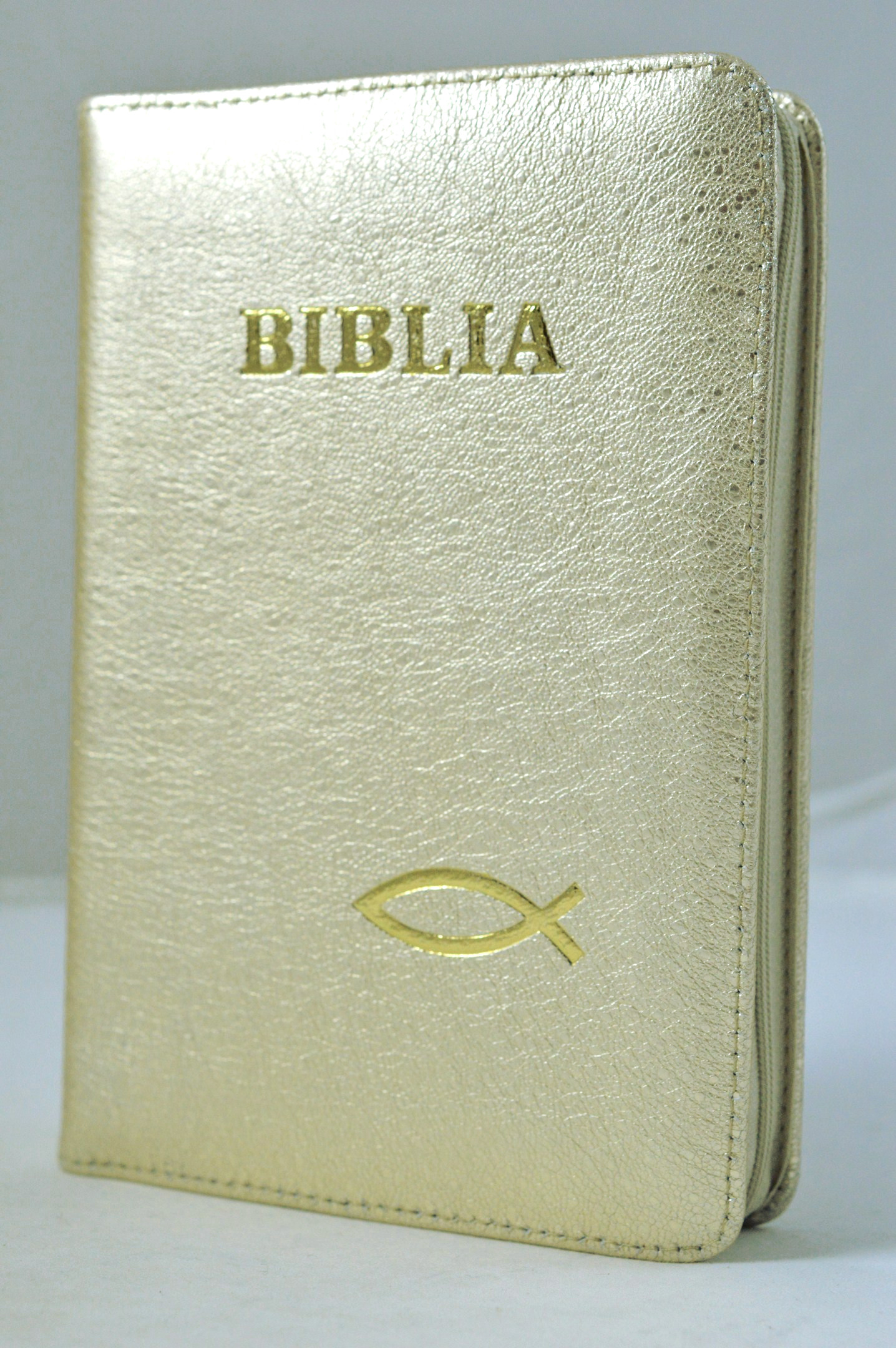 Biblie marime mica, din piele, culoare aurie, fermoar, simbol peste [043 PF]