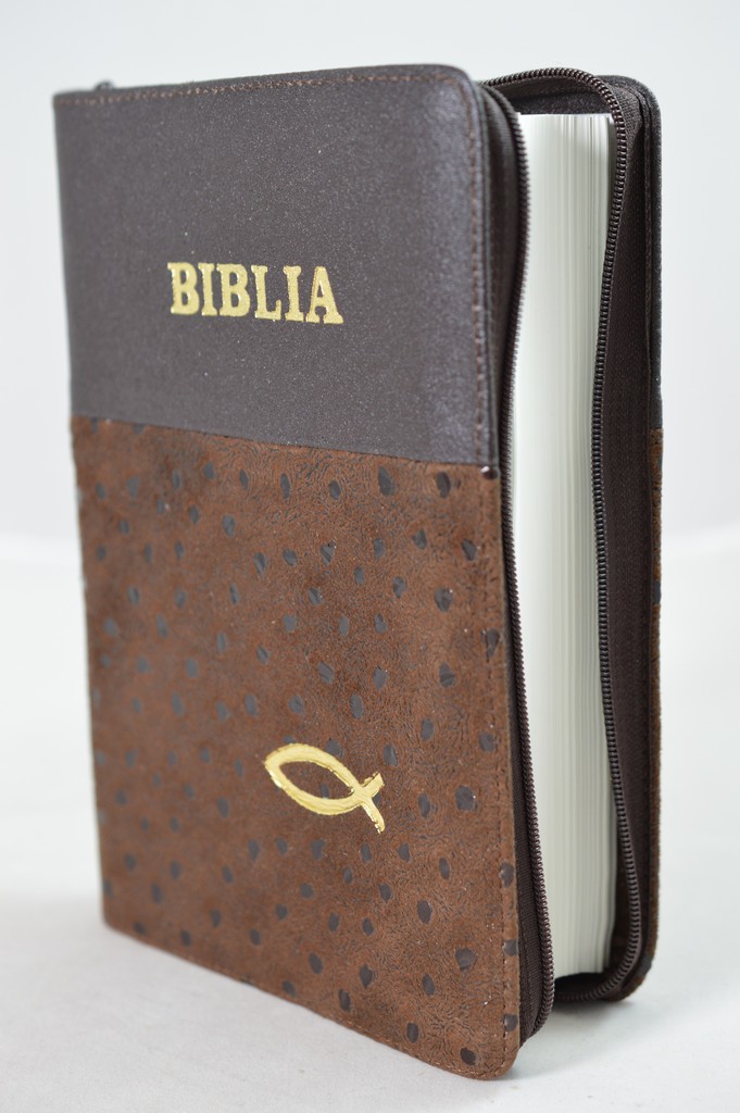 Biblia din piele, marime medie, maro cu maro cu picatele, fermoar, simbol peste, cuv. lui Isus cu rosu [053]