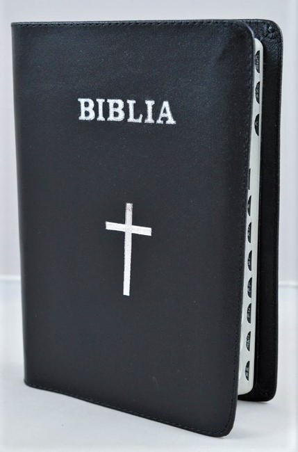 Biblie din piele, marime medie, culoare neagra, index, margini argintii, simbol cruce, cuv. lui Isus cu rosu [SB 057 PI]